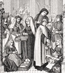 Toll on Markets, Levied by a Cleric, after a 15th Century Painted Window in the Cathedral of Tournay, from 